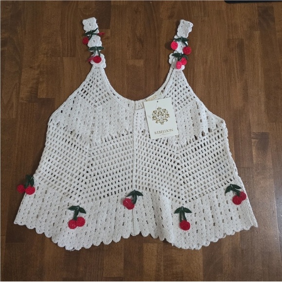 NWT Cherry Crochet Top EMBELLISHED knit REBELLION AGAIN 3D Cherries Women's Jr’s - Picture 8 of 11